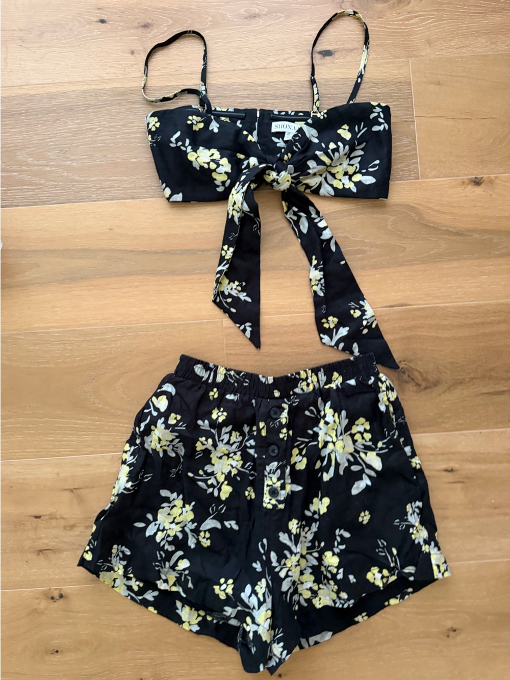 Shona Joy Black Floral Linen Tie-Front Set